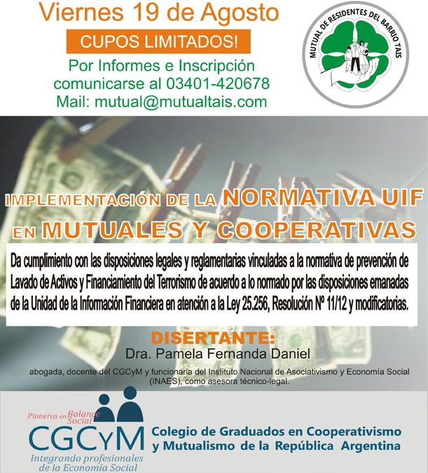 Jornada intensiva sobre Normativas UIF en Cooperativas y Mutuales en El Trébol (Santa Fe). Viernes 19 de agosto
