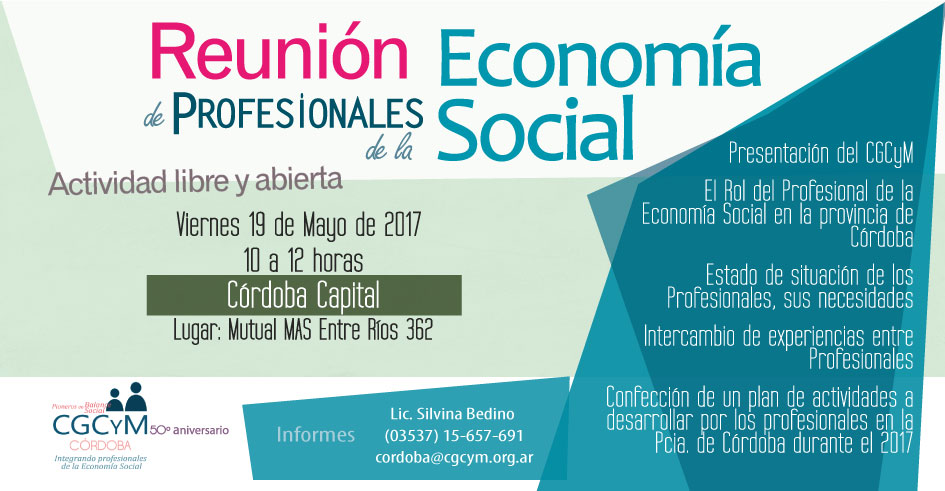 Reunión de Profesionales de la Economía Social en Córdoba capital. Viernes 19 de mayo, 10 horas